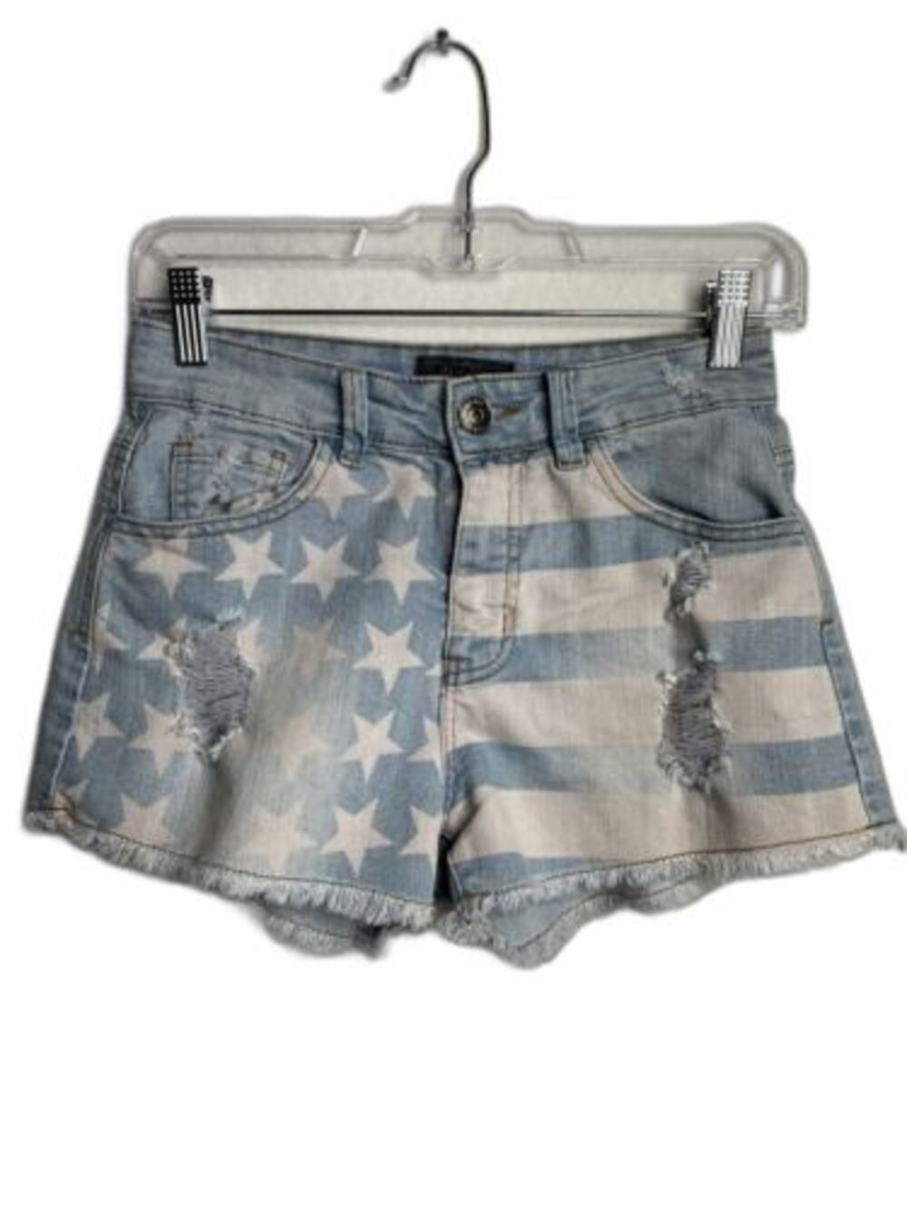 Distressed USA Flag High Rise Denim Shorts Y2K Americana Style Size 27